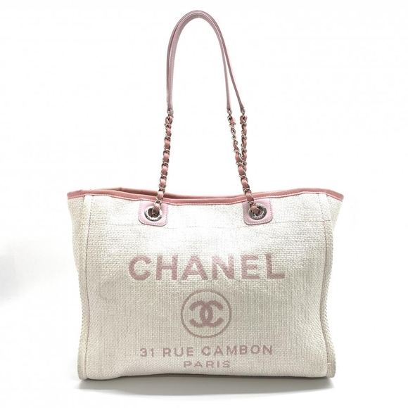 Chanel Deauville MM Chain Tote Bag Cotton Canvas Pink White - Picture 1 of 9